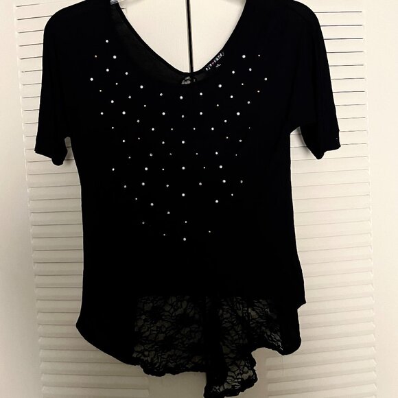 Eye Candy Tops - ‘Eye Candy’* Black Short Sleeve Beaded/Lace Unique Top Size Large